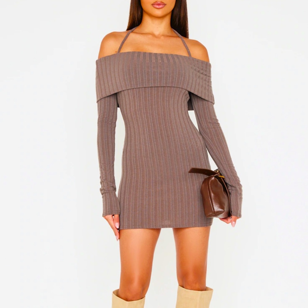 PRETTY LITTLE THING RIB BARDOT BODYCON DRESS